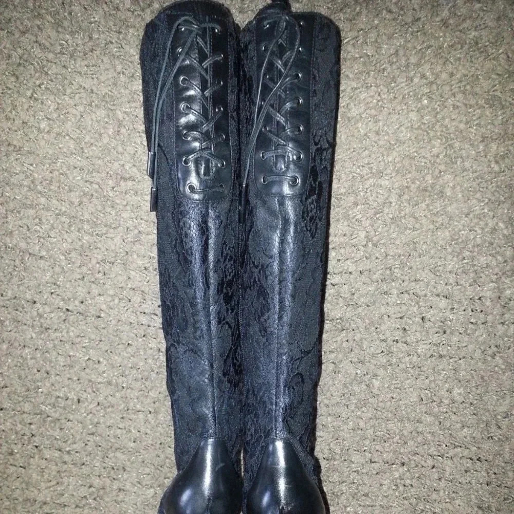 MARCIANO-Black Lace Overlay-Black Leather-Stiletto Boots-Size 5.5-Near Mint - Picture 4 of 7